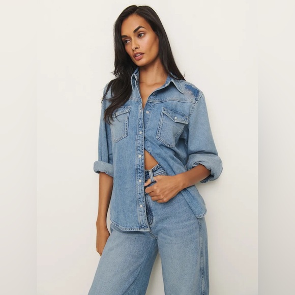 Reformation Kacey Musgraves Deeper Well Denim Pearl Snap Shirt Jacket by Small - Picture 3 of 14